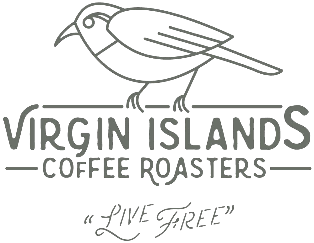 Logo with a bird, text: "Virgin Islands Coffee Roasters" and "Live Free" at the bottom in stylized font.