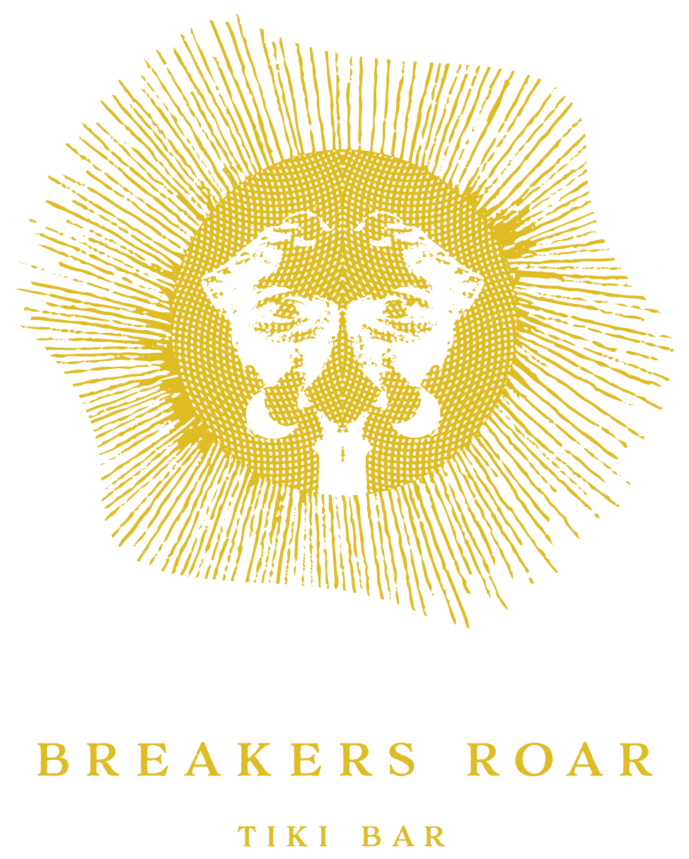 The image shows a stylized yellow lion's head with lines radiating out, accompanied by the text "Breakers Roar Tiki Bar" below it.