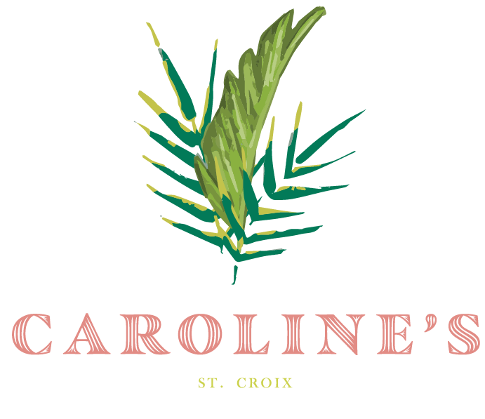 The image features a logo with green leaves inside an arch, and the text "CAROLINE'S ST. CROIX" below in pink and yellow.