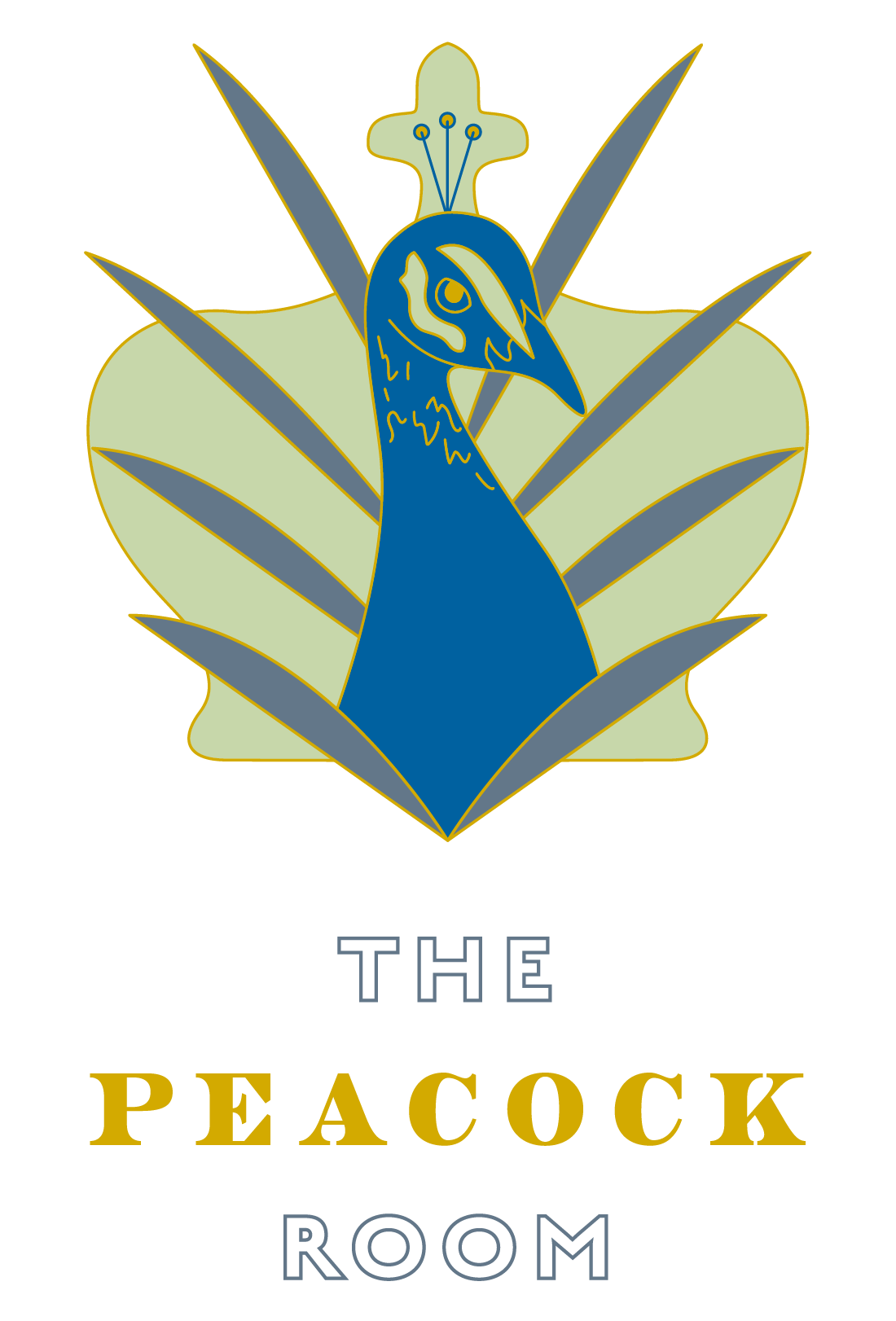 Logo features a blue and gold peacock with stylized feathers, and "The Peacock Room" text beneath the image.