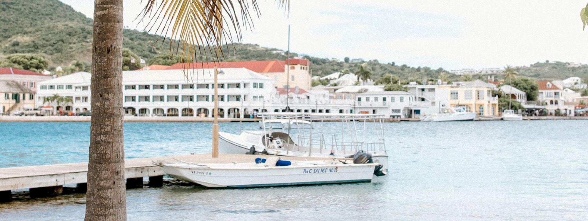 A peaceful waterfront scene with a small boat docked, palm trees, and buildings in the background under a bright sky.