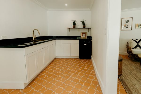 A small kitchen area with white cabinets, black countertop, orange patterned floor tiles, plants on a shelf, and artwork on the wall.